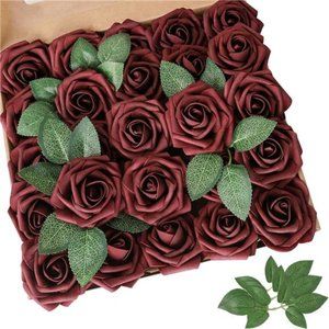 Artificial Flower Burgundy Rose 25pcs Real Looking Fake Roses w/Stem for DIY